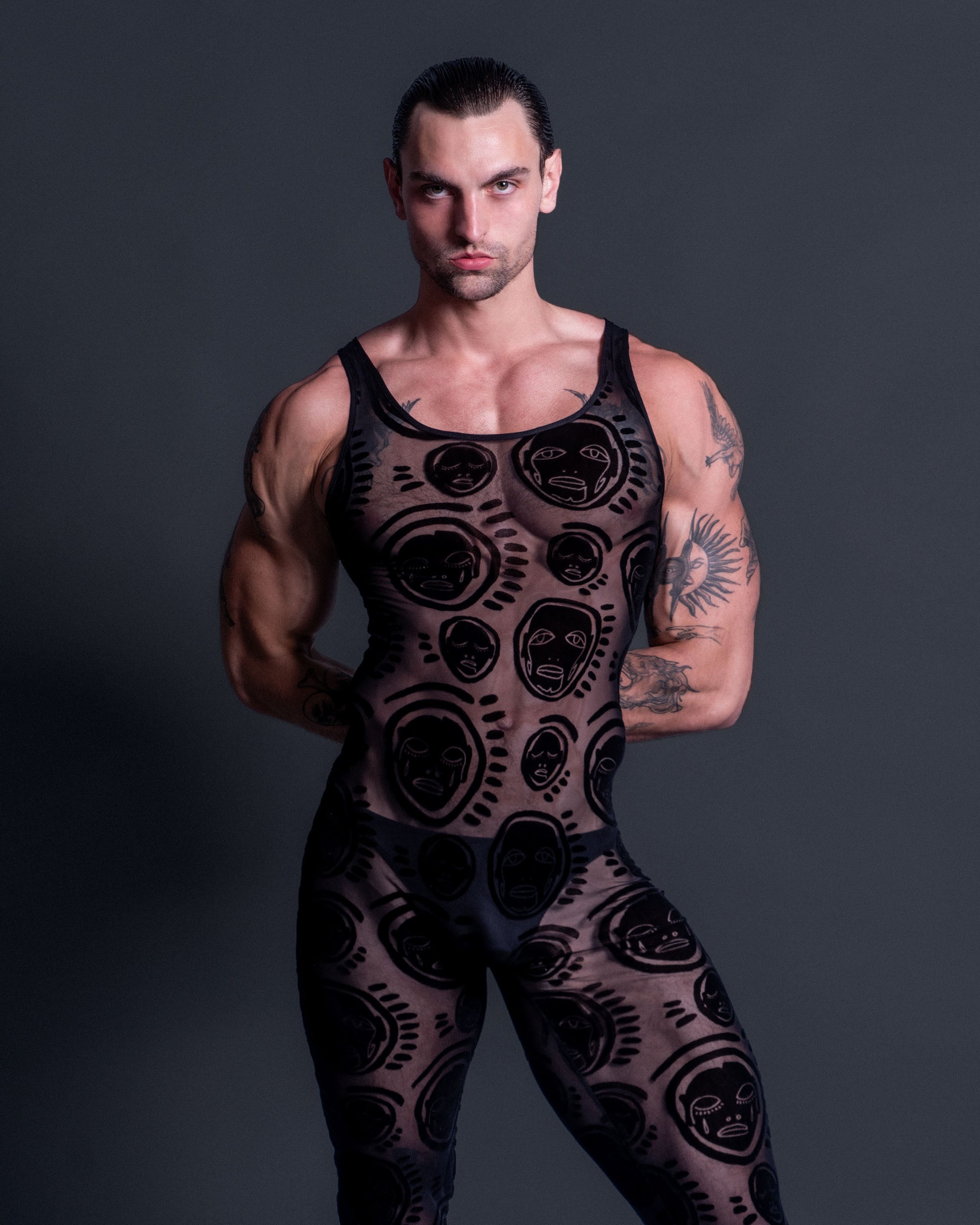 Siren Flocked Mesh Bodysuit and Fingerless Gloves - Patrick Church