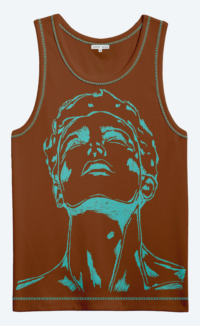 'Pretty Boy' Brown Tank Top with Blue Stitching - Patrick Church