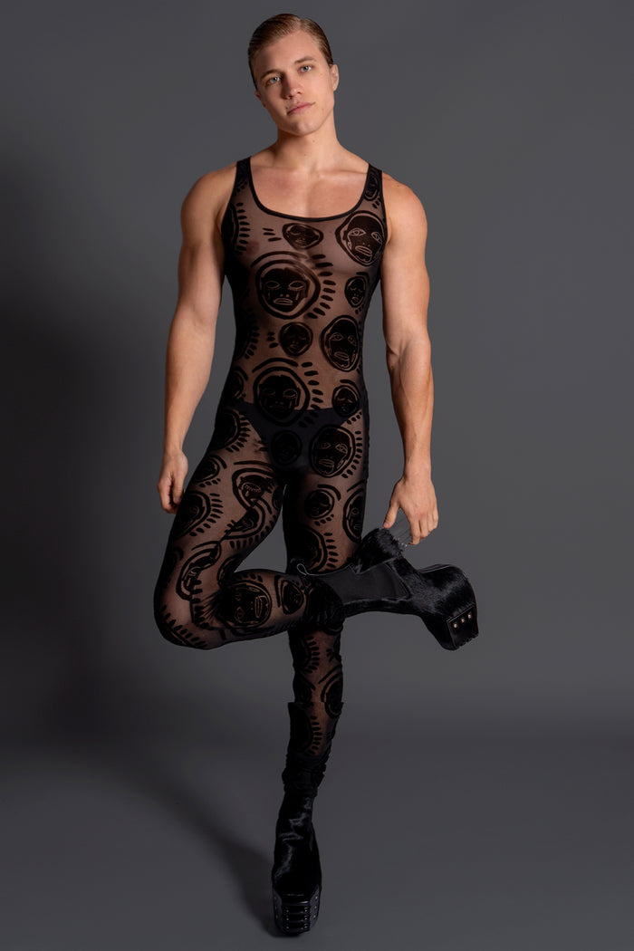 Siren Flocked Mesh Bodysuit with Gloves - Patrick Church